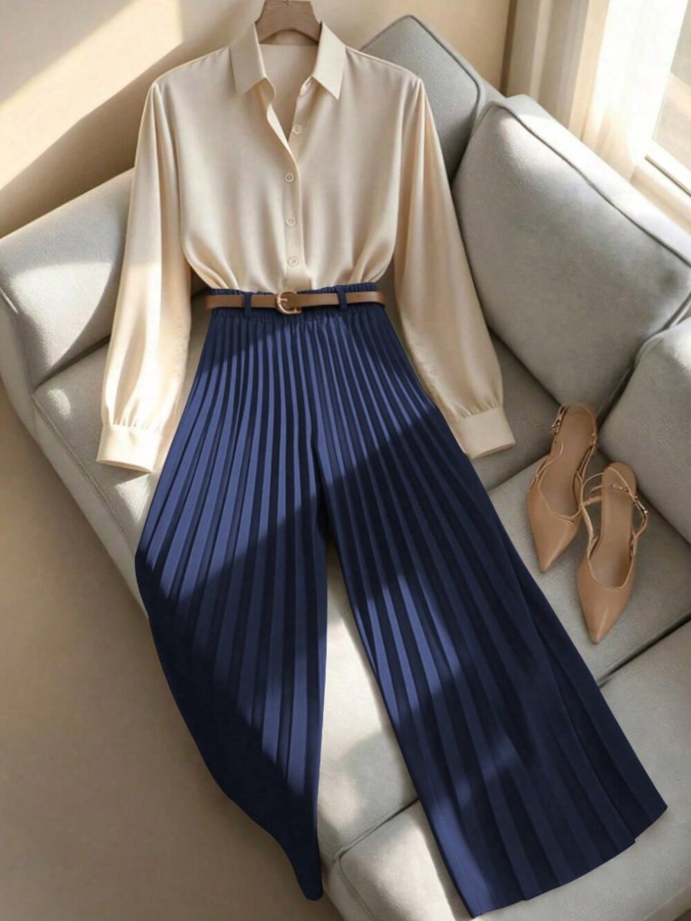 Navy Blue Elegant Women's Pleated Wide Leg Loose Casual Pants - Picture 3 of 6